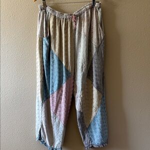 Sacred Threads Patchwork Pants XL Eyelet Lace Cuffs Pull On Pockets Funky Boho
